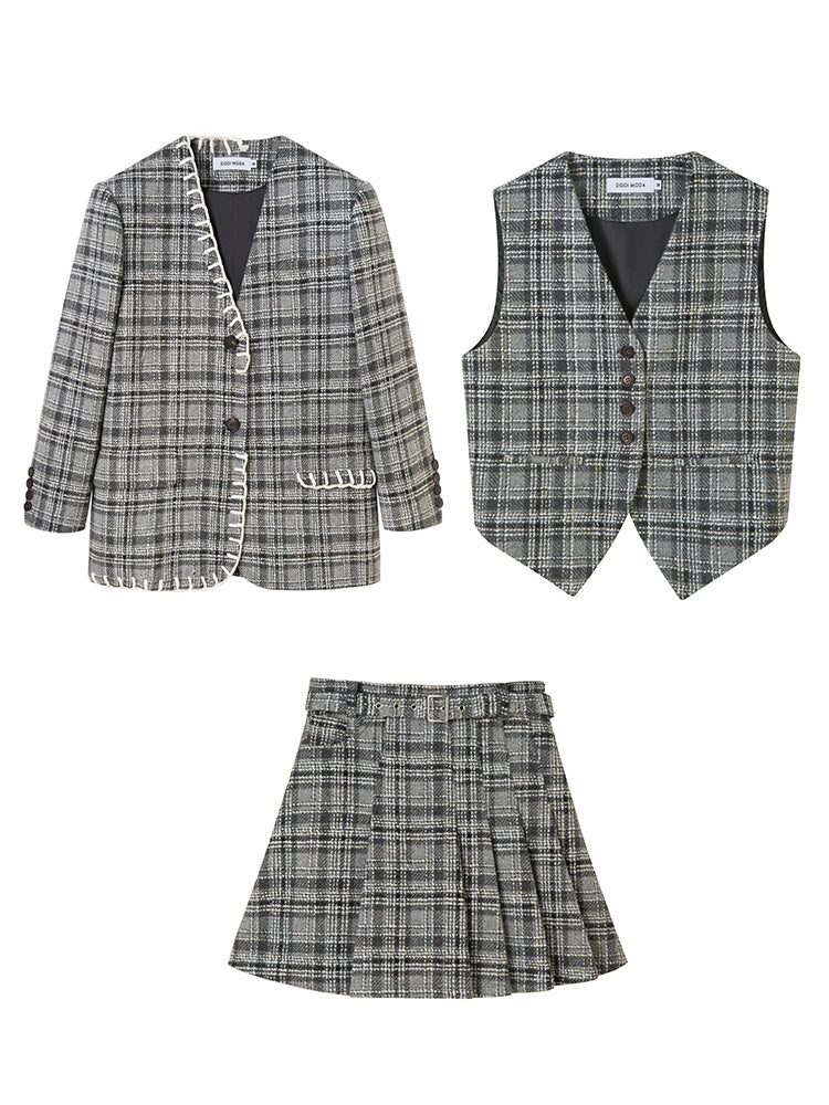 Woven Plaid No-Collar Jacket ï¼?Vest ï¼?Pleated Skirt