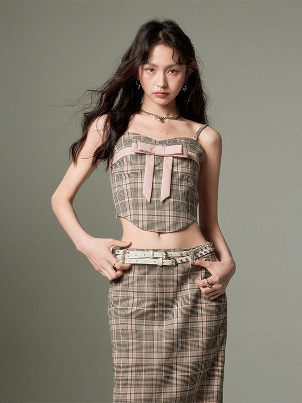 Plaid Bow Cropped Camisole ï¼?Long Skirt