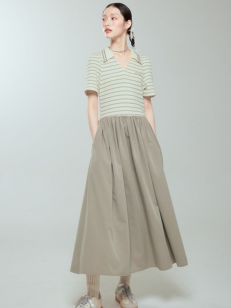 Polo Collar Striped Long One-piece