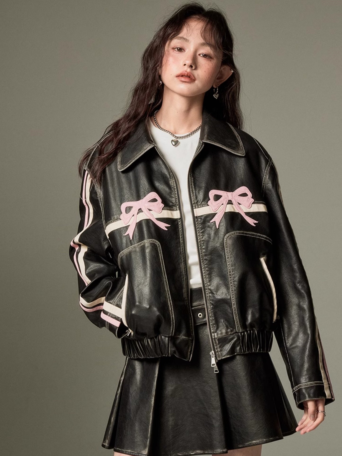 Bowknot Retro Color-Painted Leather Jacket