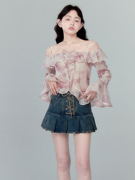 Trumpet Sleeve One Shoulder Lotus Leaf Chiffon Shirt