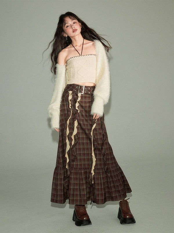 Ribbon Frill Plaid Flounce Skirt