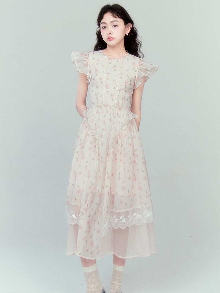 Flying Sleeve Lace Ruffled Dress