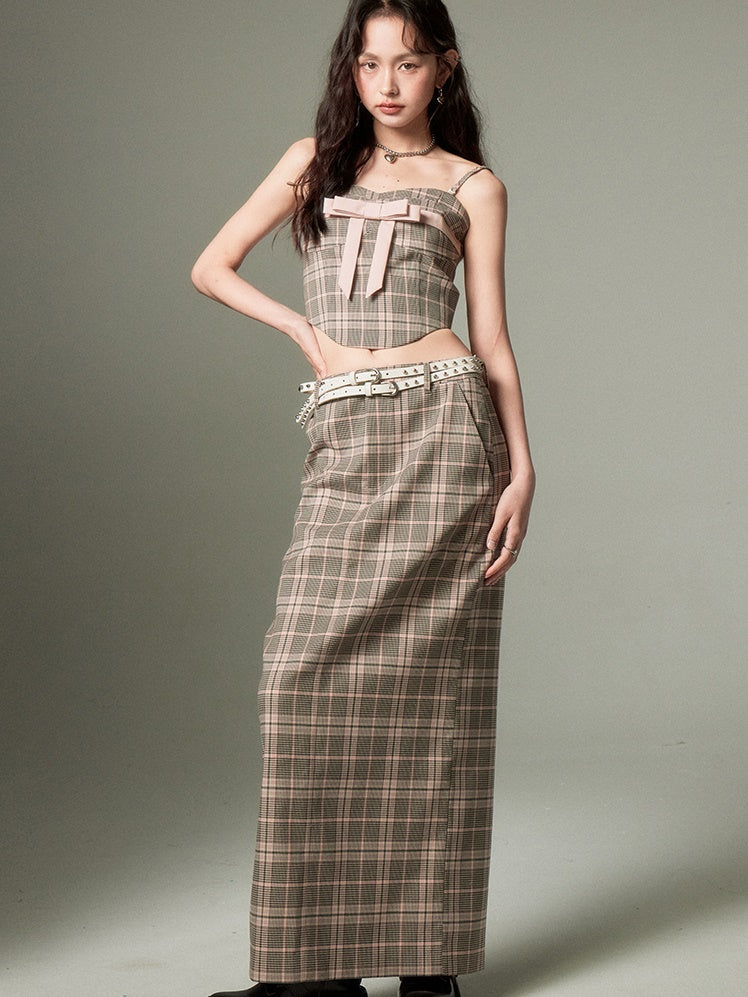 Plaid Bow Cropped Camisole ï¼?Long Skirt