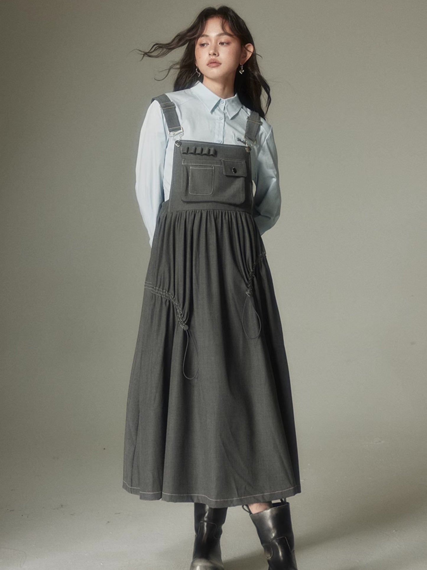 High Waist Gather Suspender Skirt