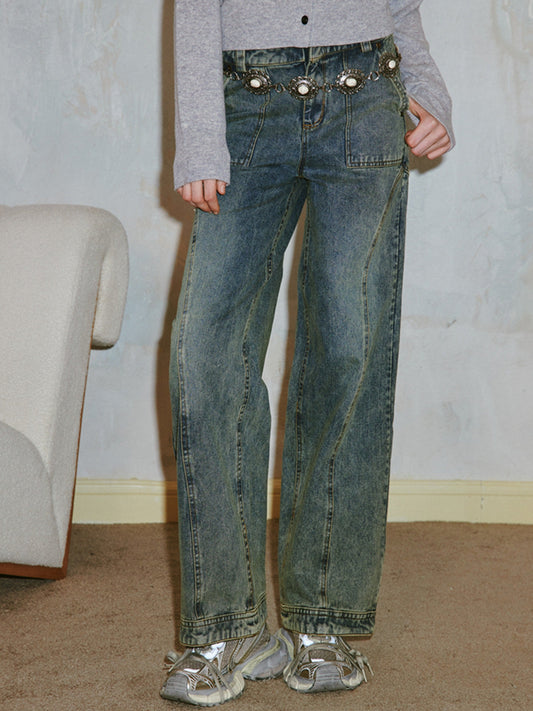 Retro Washed Design Straight Jeans