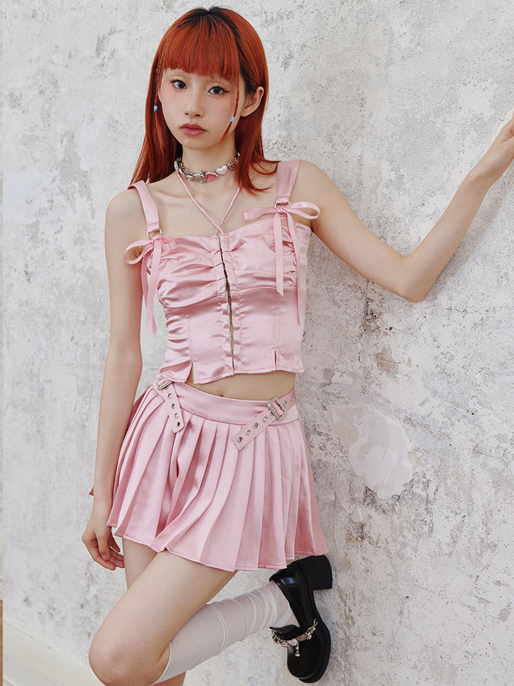 Shiny Suspender Top & Low Waist Pleated Skirt