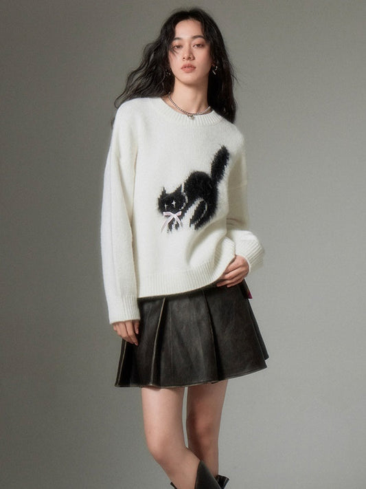 Cat Soft Waxy Round Neck Pullover Sweater