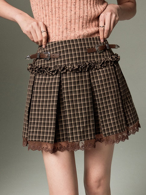 Belt Design Lace Pleated Skirt