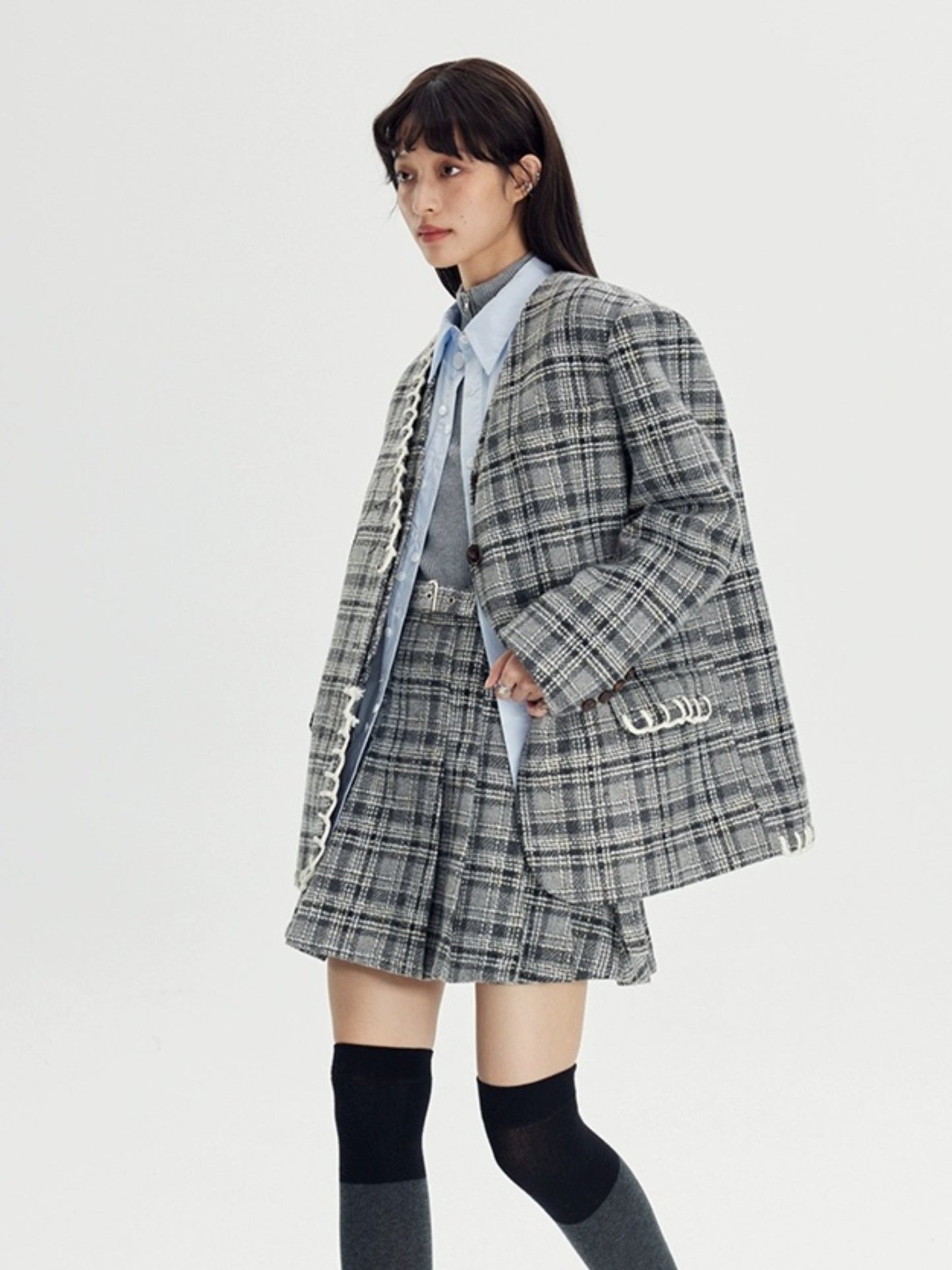 Woven Plaid No-Collar Jacket ï¼?Vest ï¼?Pleated Skirt