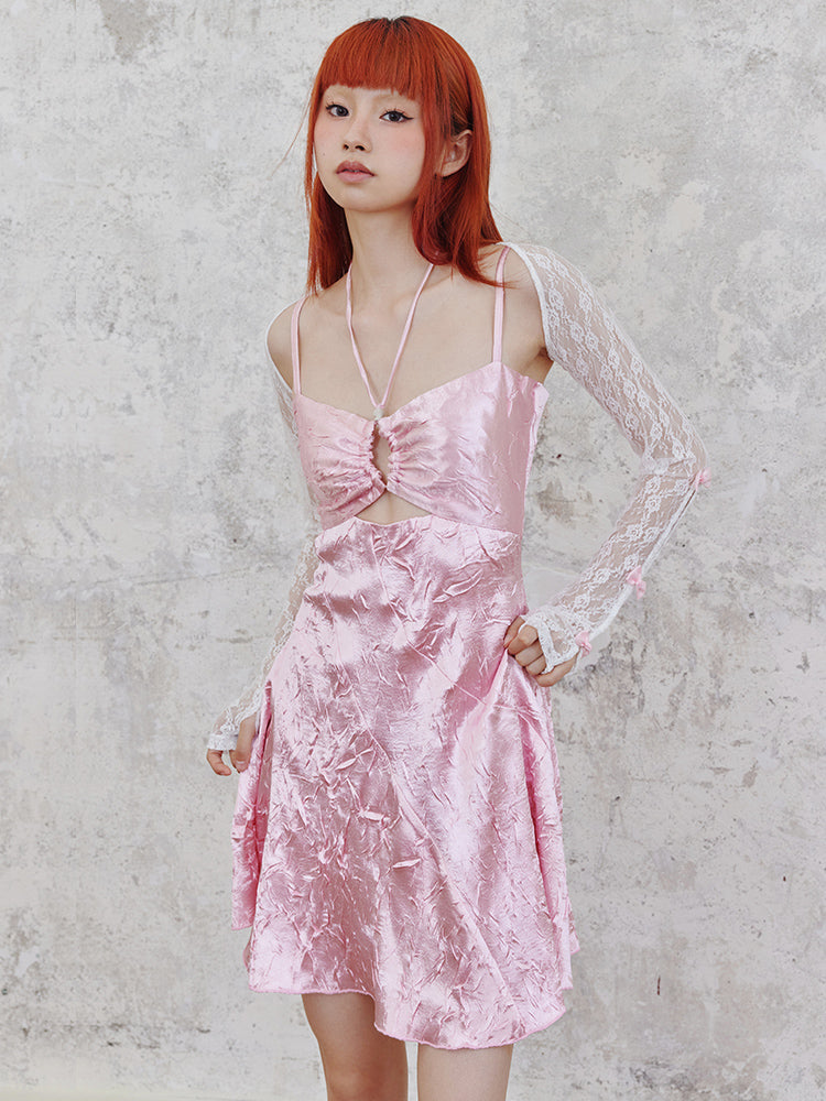 Shiny Hollow Suspender Dress & Lace Sleeve