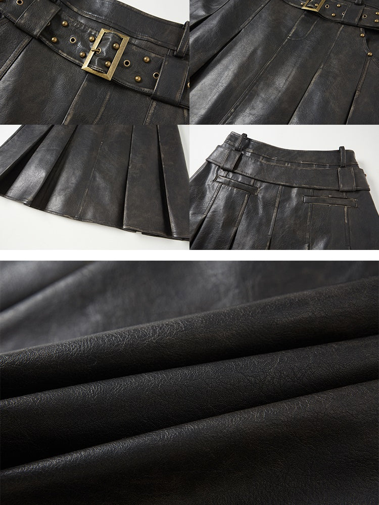 Retro Leather Rivet Belt Skirt