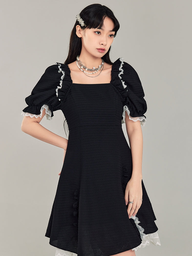 Square Neck Puff Sleeve Black Dress