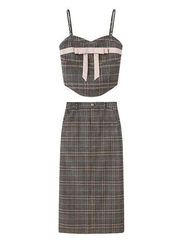 Plaid Bow Cropped Camisole ï¼?Long Skirt