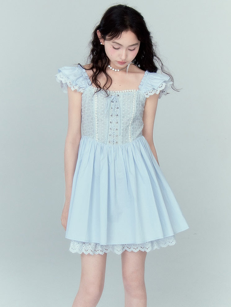 Stitching Lace Jacquard Flying Sleeve Dress