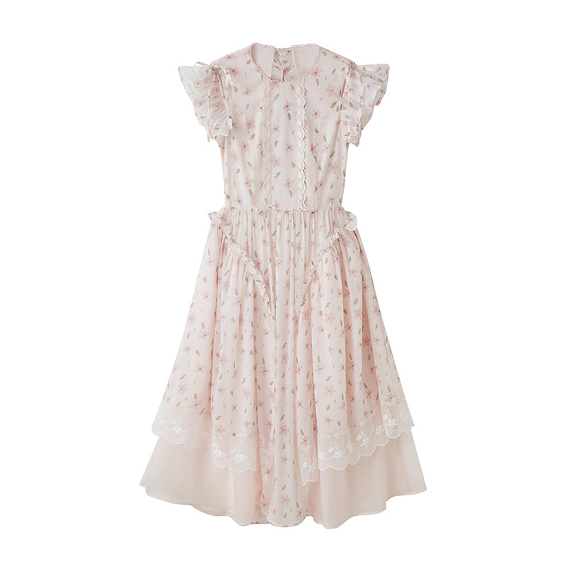 Flying Sleeve Lace Ruffled Dress