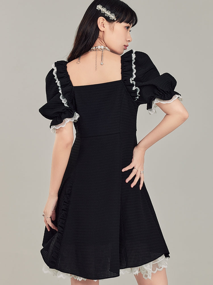 Square Neck Puff Sleeve Black Dress