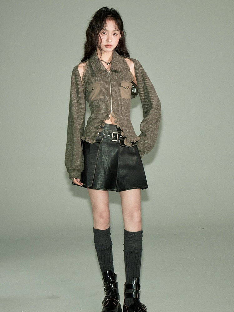 Polo Collar Knitted Sleeveless Top ï¼?Shawl Cardigan Set-up