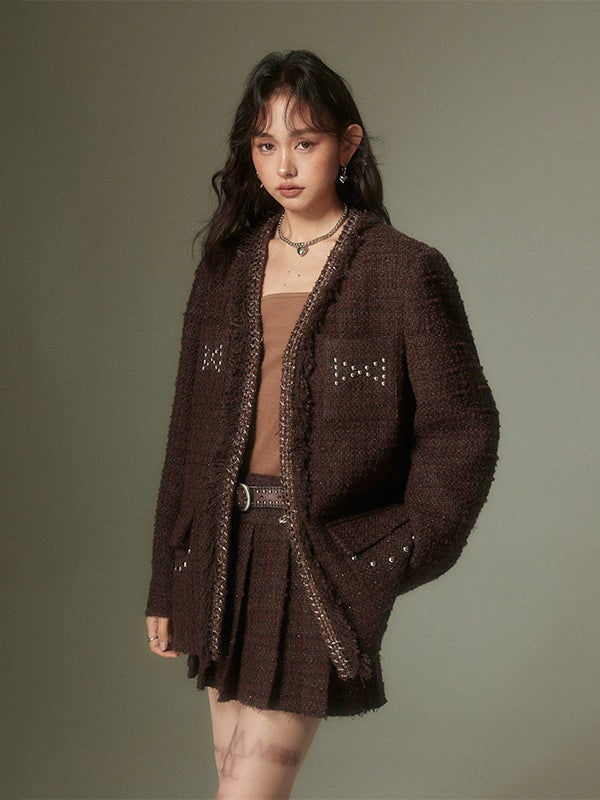 Rivet Glitter Tweed No-Collar Jacket ï¼?Pleated Skirt