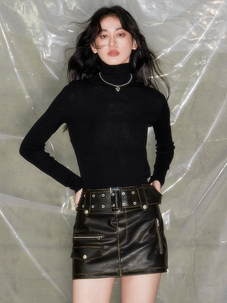 Rivet Hip Leather Skirt Wide Belt