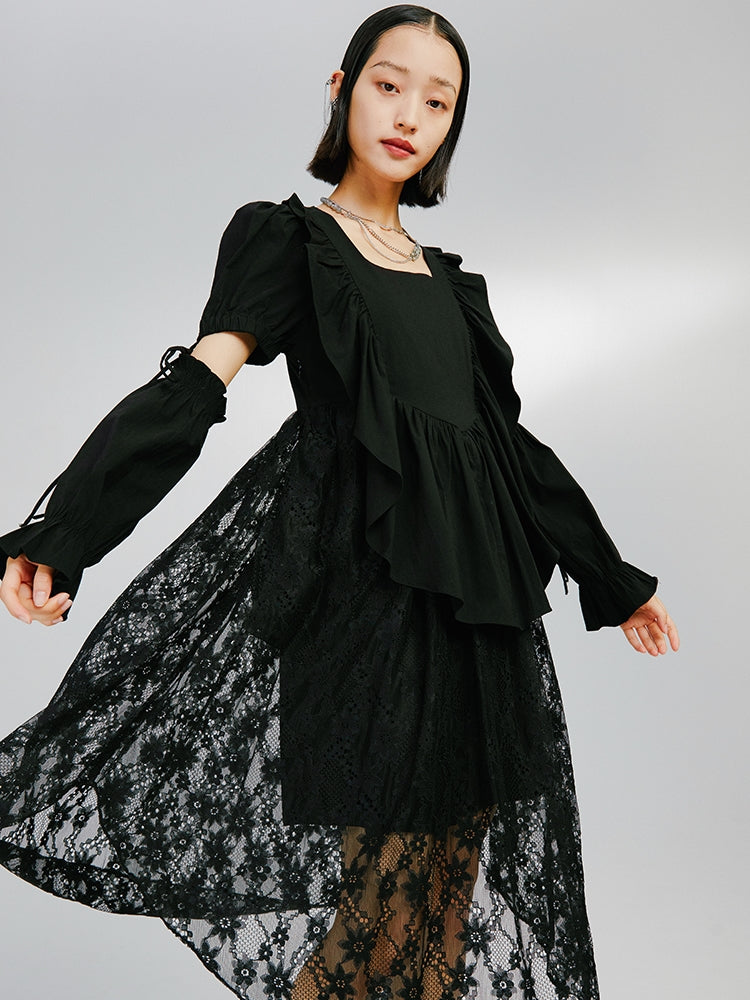 Detachable Sleeve Black Irregular Dress