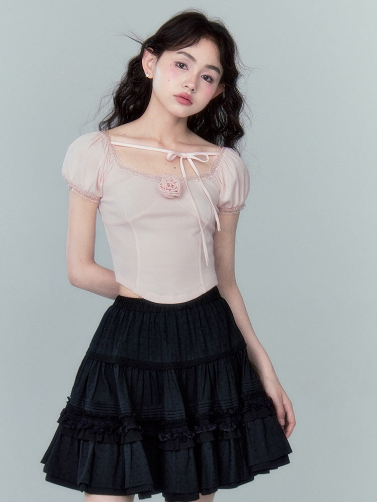 Rose Desire Square Neck Puff Sleeve T-Shirt