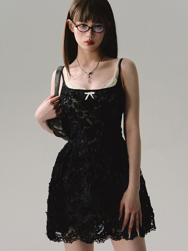 Three-dimensional Embroidered Sheer Suspender Dress