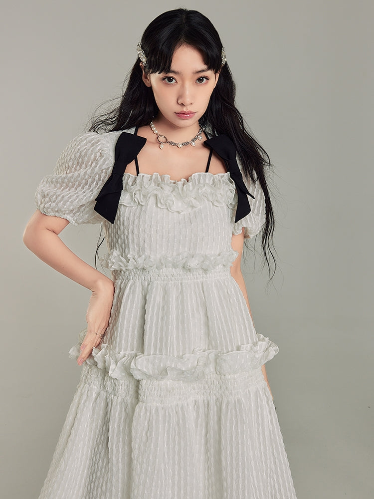 Puff Sleeve Bow Mesh Long Dress