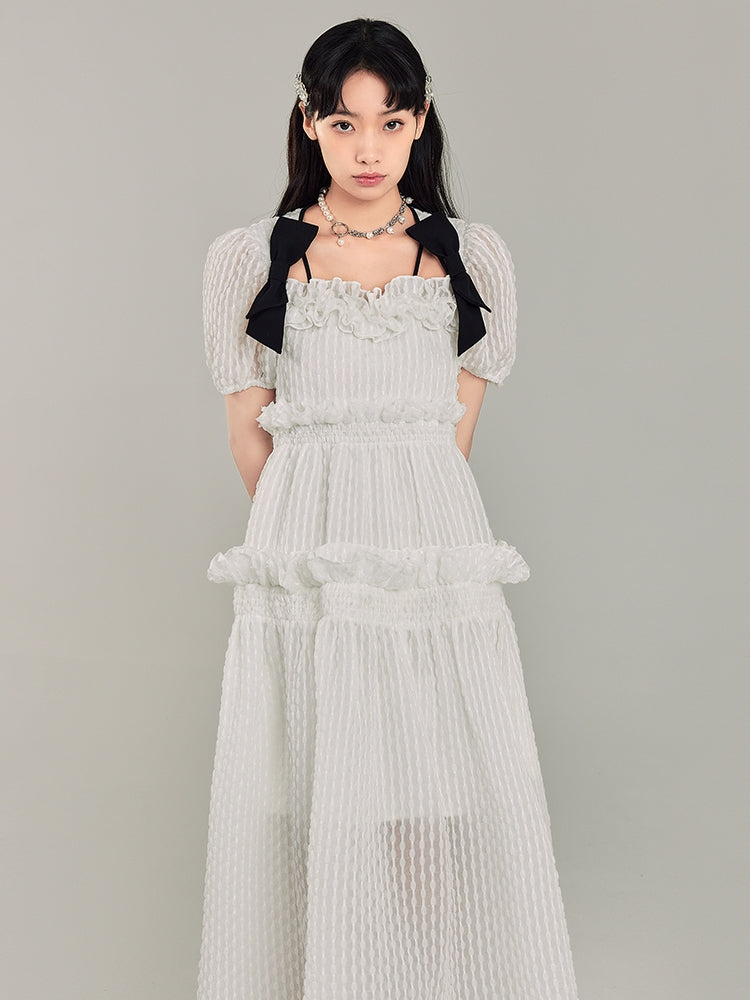 Puff Sleeve Bow Mesh Long Dress