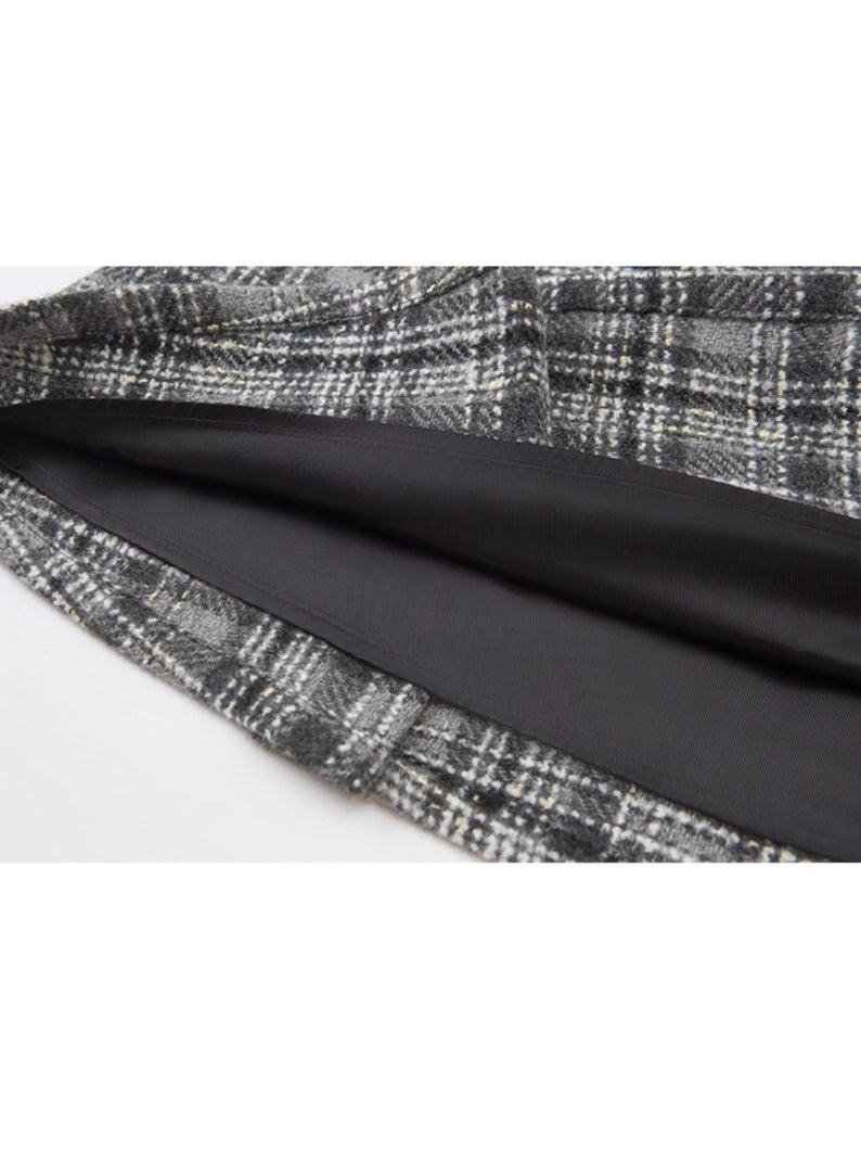 Woven Plaid No-Collar Jacket ï¼?Vest ï¼?Pleated Skirt