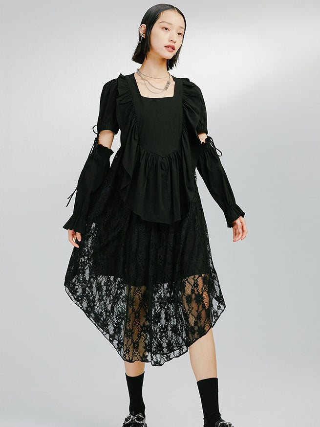 Detachable Sleeve Black Irregular Dress