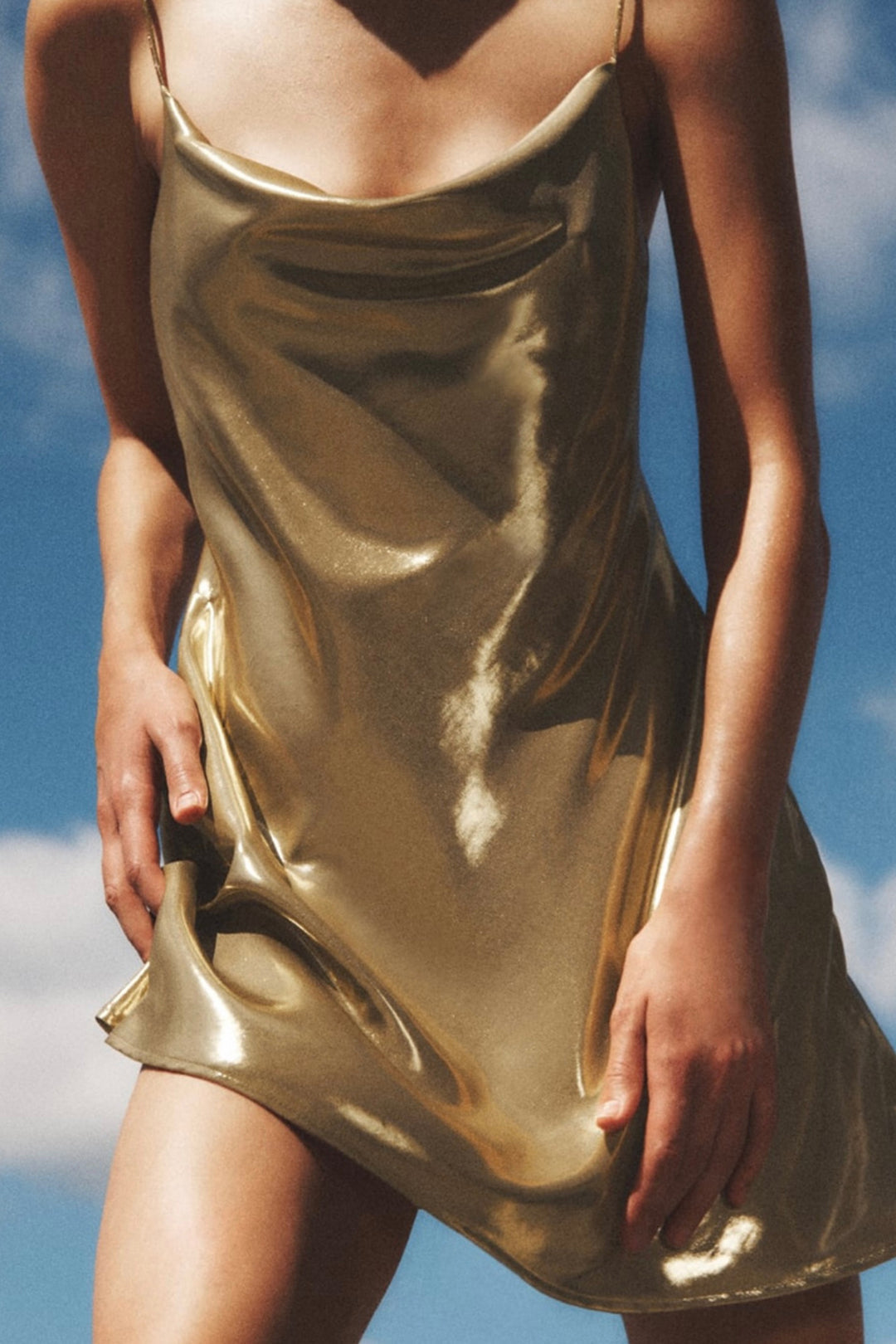 Cowl Neck Metallic Slip Mini Dress