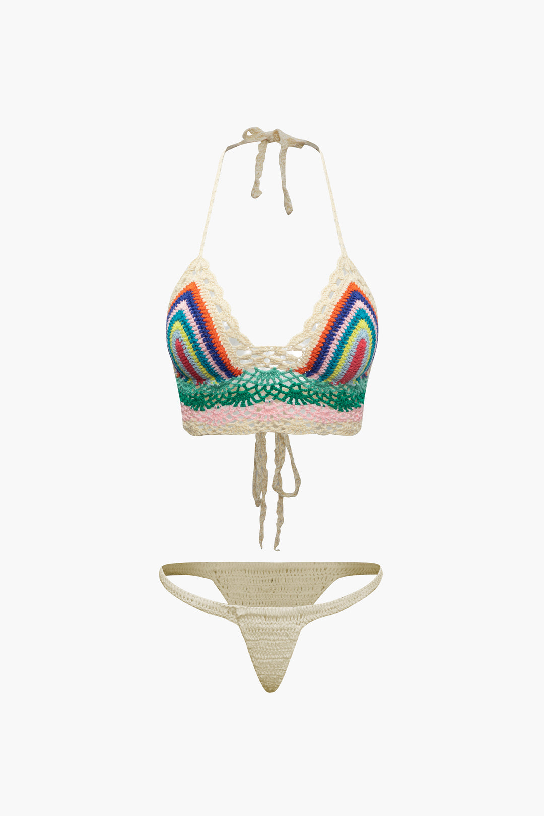 Rainbow Crochet Halter Bikini And Skirt 3pc Set