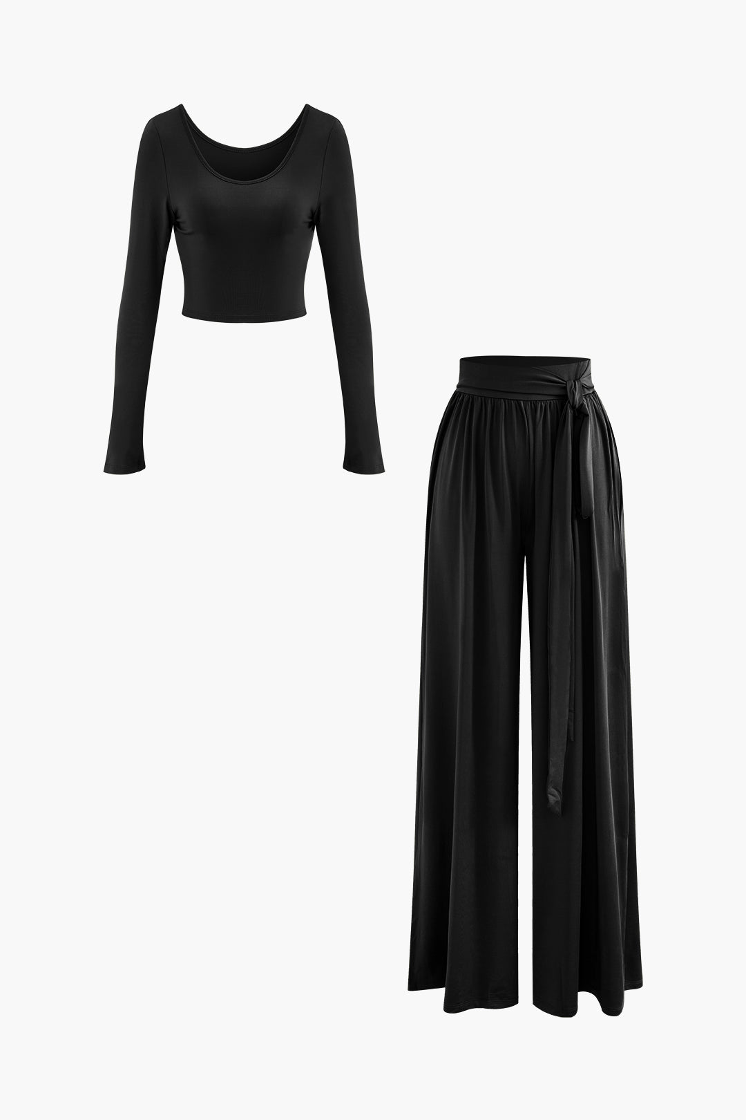 Solid Long Sleeve Top And Tie Waist Pleated Pants Set