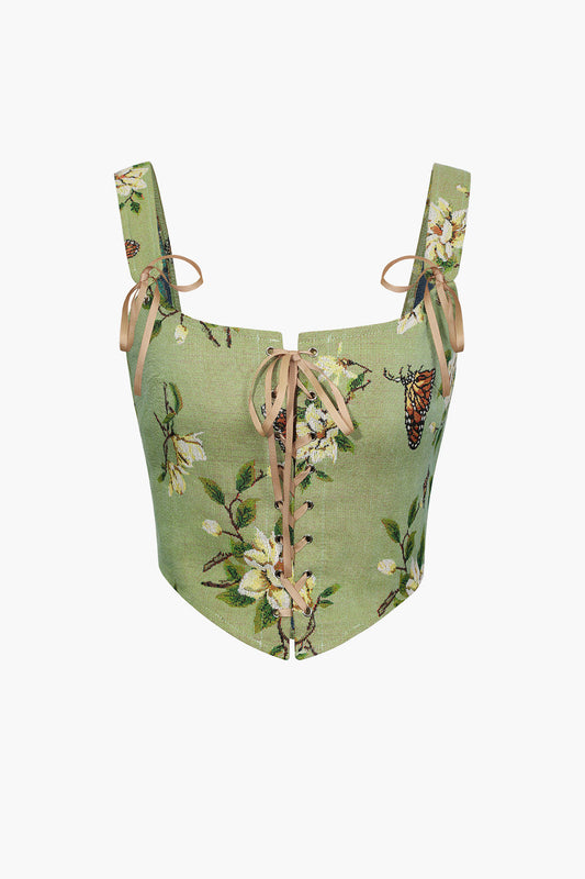 Retro Floral Tie On Front Corset Top