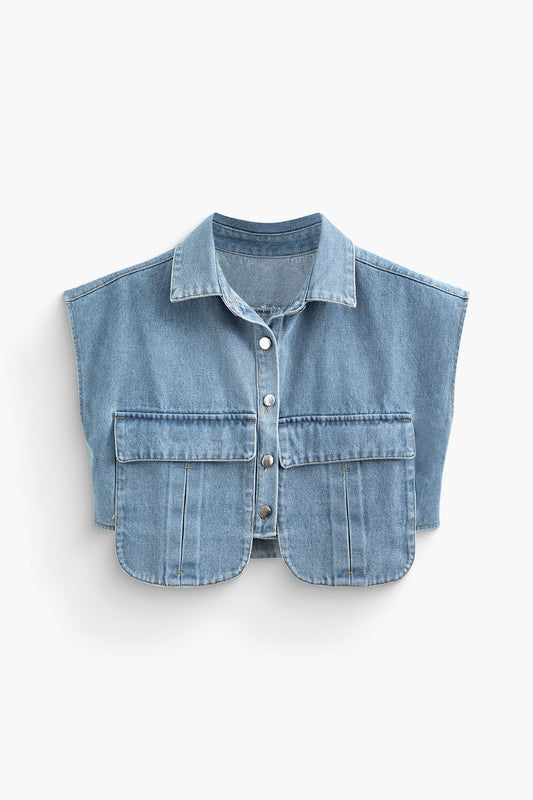 Asymmetric Button Up Flap Pocket Crop Denim Vest