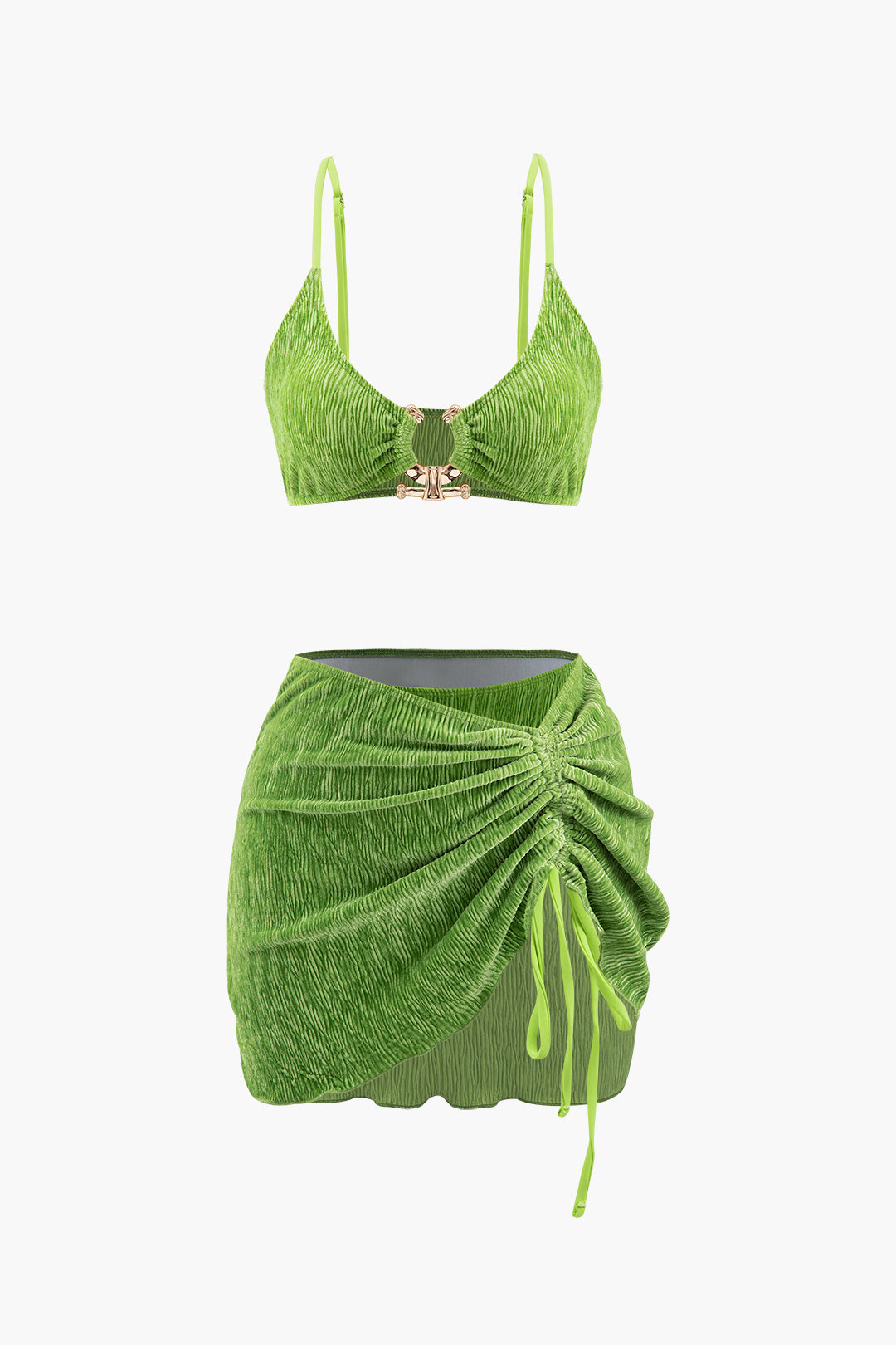 Velvet Textured U-ring Bikini And Sarong 3pc Set