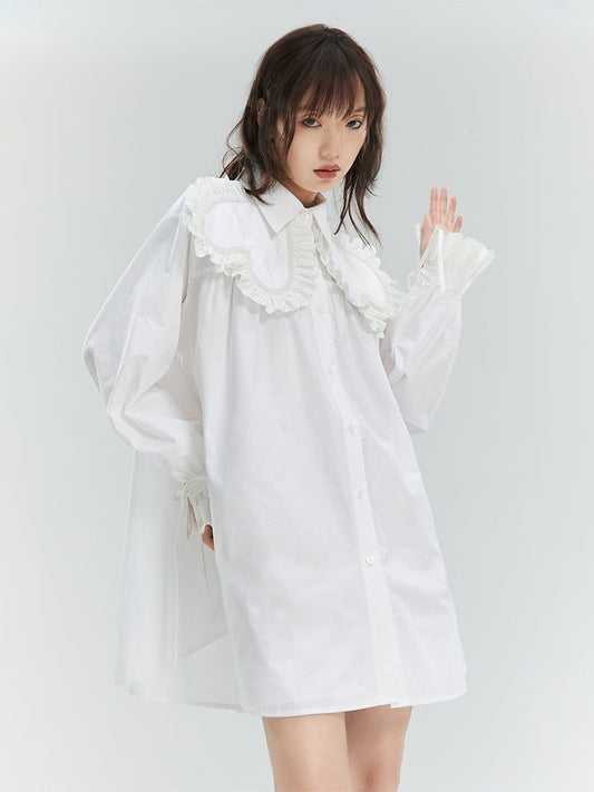 Frill Lace Loose Drawstring Shirt Onepiece