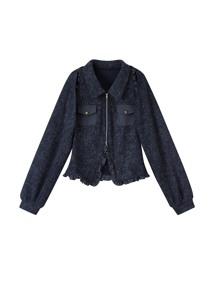 Polo Collar Knitted Sleeveless Top ï¼?Shawl Cardigan Set-up