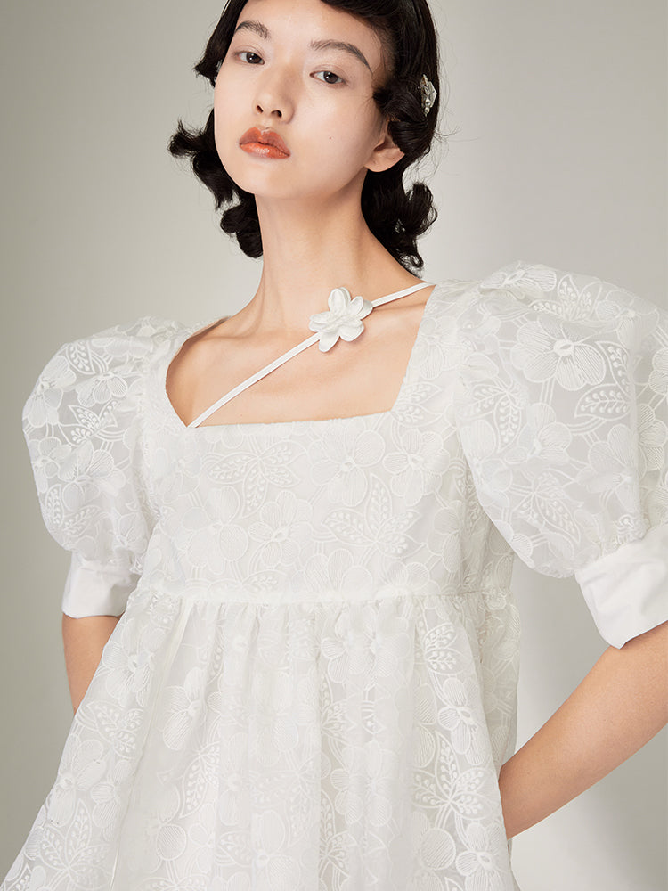 Embroidered Puff Sleeves Floral Tie Dress