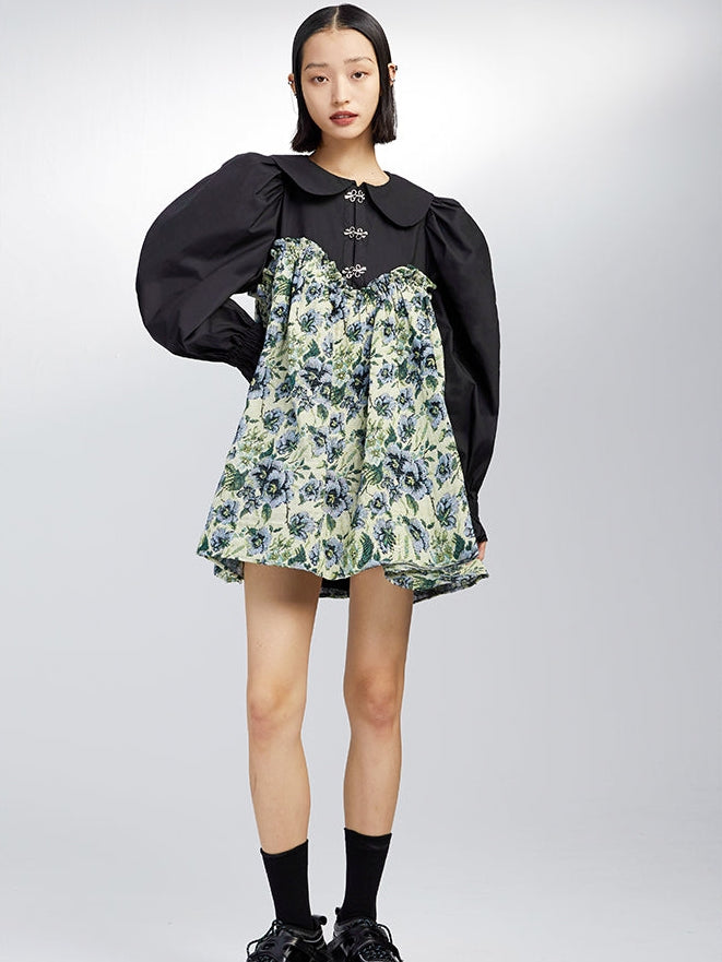 Doll Collar Floral High Waist Shirt Dress