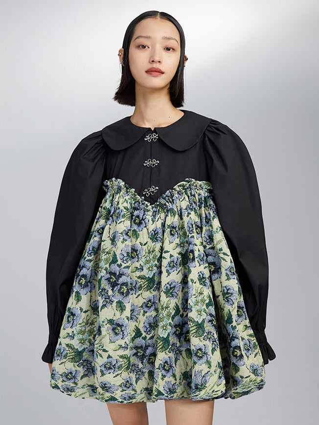 Doll Collar Floral High Waist Shirt Dress